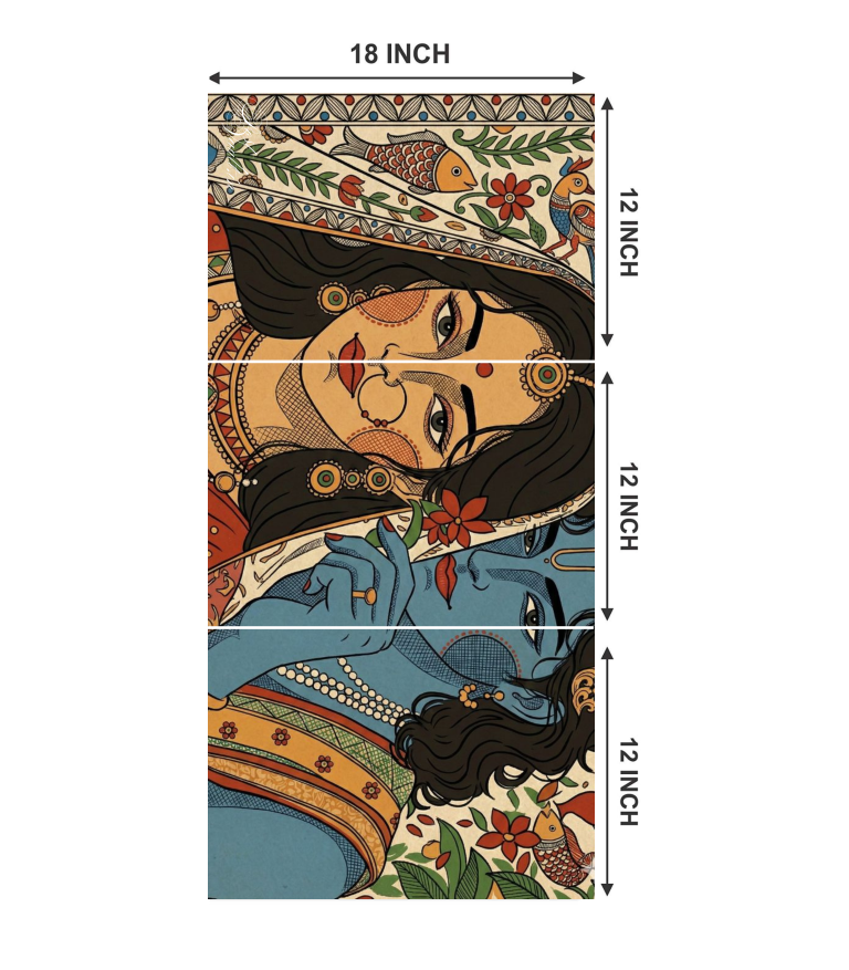 ✨ Divine Radha Krishna "Folk Art" 3-Panel Split Poster Set