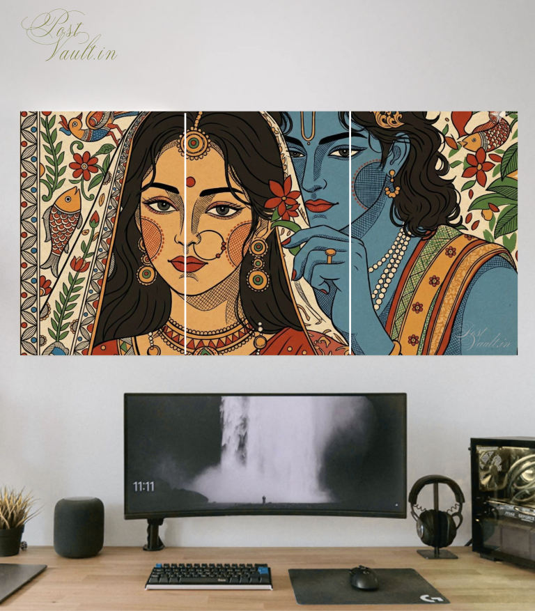 ✨ Divine Radha Krishna "Folk Art" 3-Panel Split Poster Set