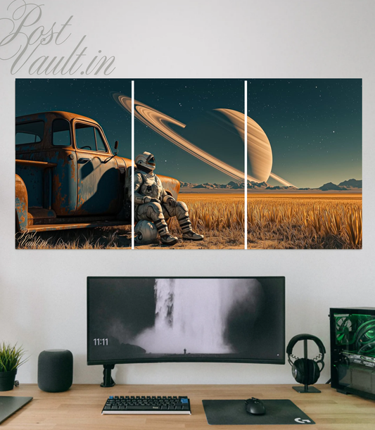 🌌 Surreal Sci-Fi Astronaut & Saturn 3-Panel Split Poster Set