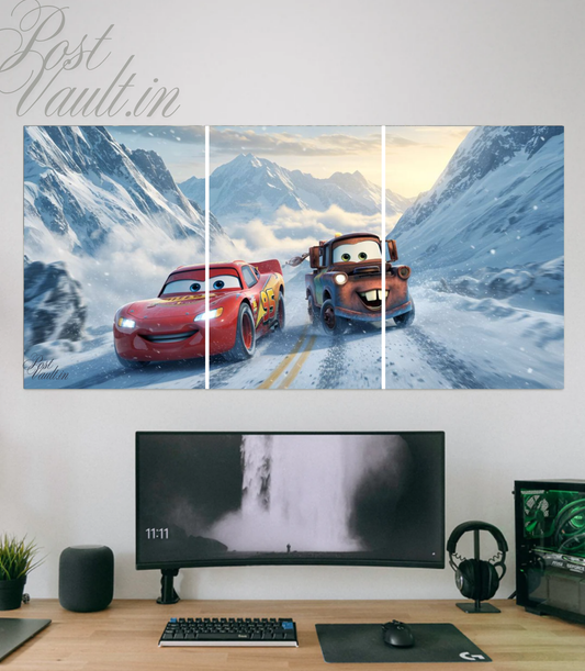 🏎️ Cars "McQueen & Mater" Winter Race 3-Panel Split Poster Set A4