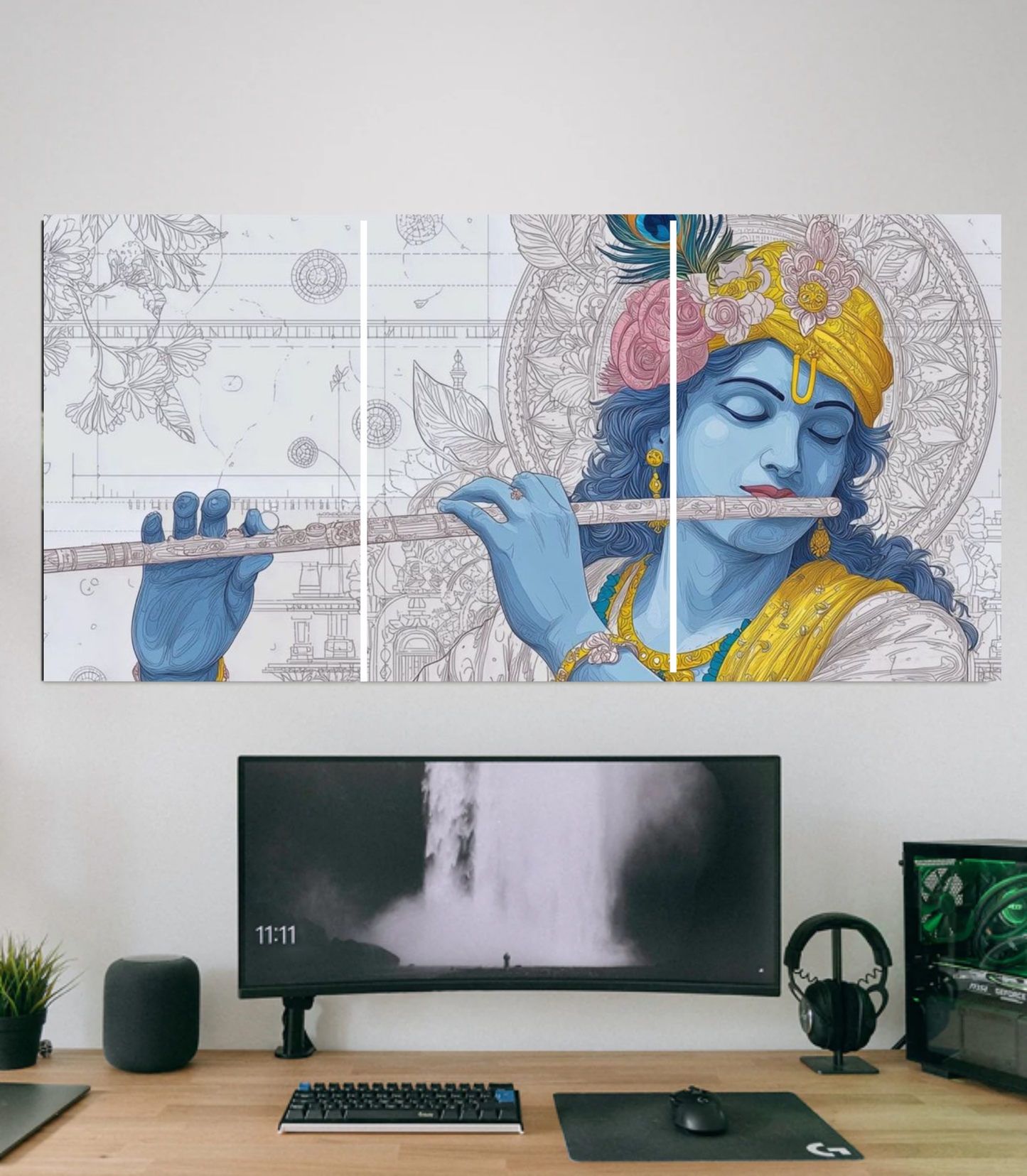 🪈 Divine Krishna Flute Modern Sketch Art 3-Panel Split Poster Set