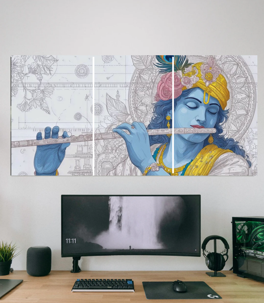 🪈 Divine Krishna "Celestial Melody" 3-Panel Split Poster Set