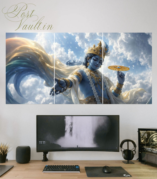 🦚 Divine Lord Krishna "Cosmic Grace" 3-Panel Split Poster Set