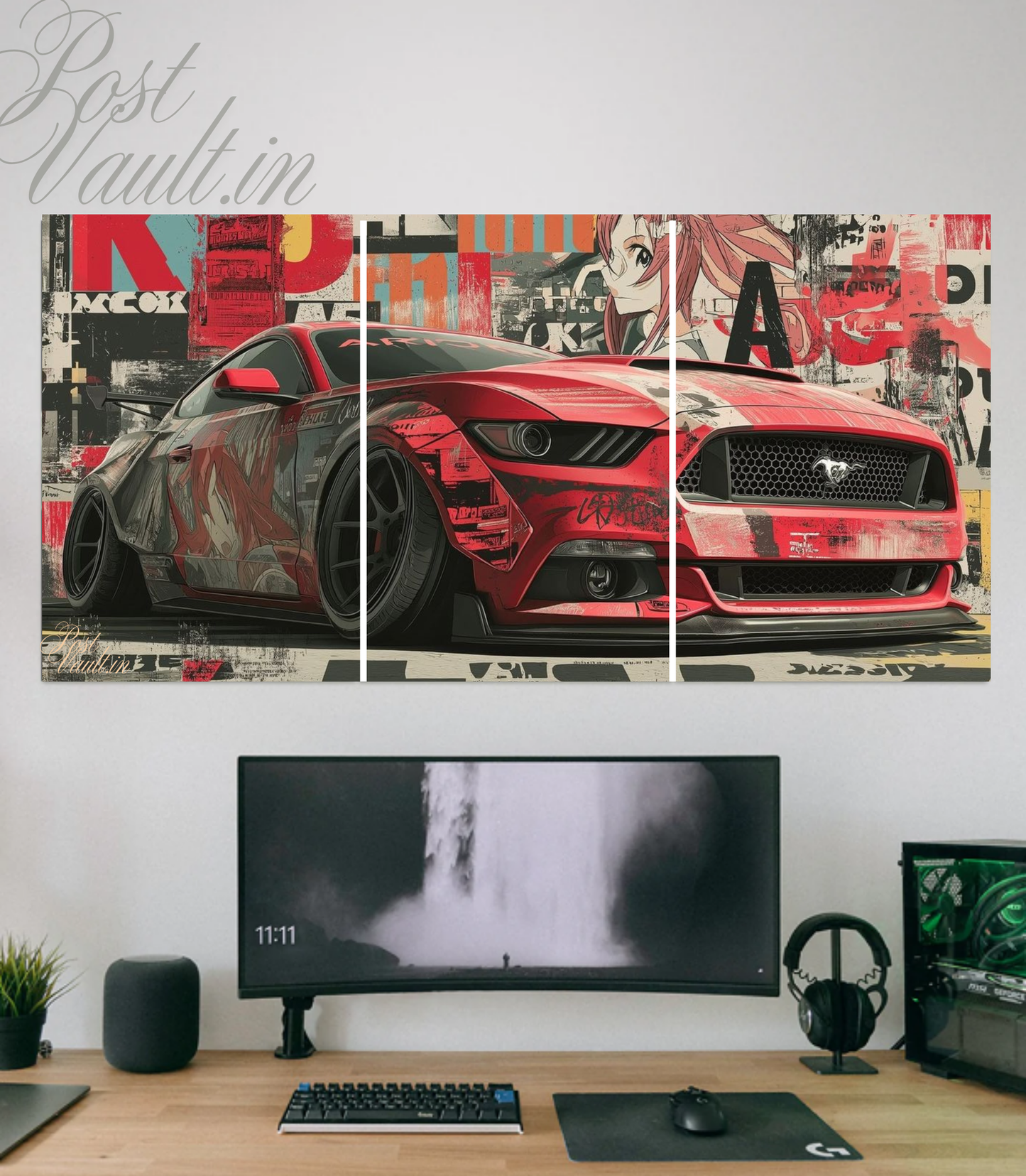 🏎️ Red Mustang "Urban Itasha" Street Art 3-Panel Split Poster Set A4
