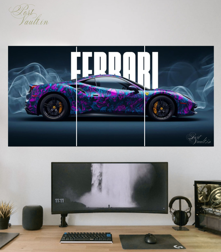 🏎️ Custom Neon Wrap Ferrari "Smoke & Speed" 3-Panel Split Poster Set