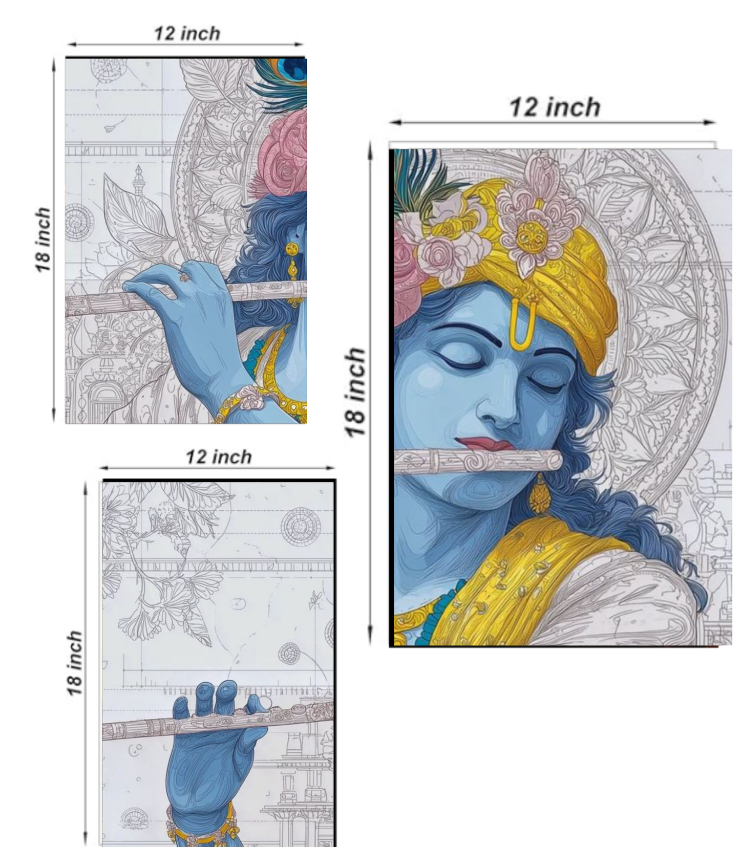 🪈 Divine Krishna Flute Modern Sketch Art 3-Panel Split Poster Set