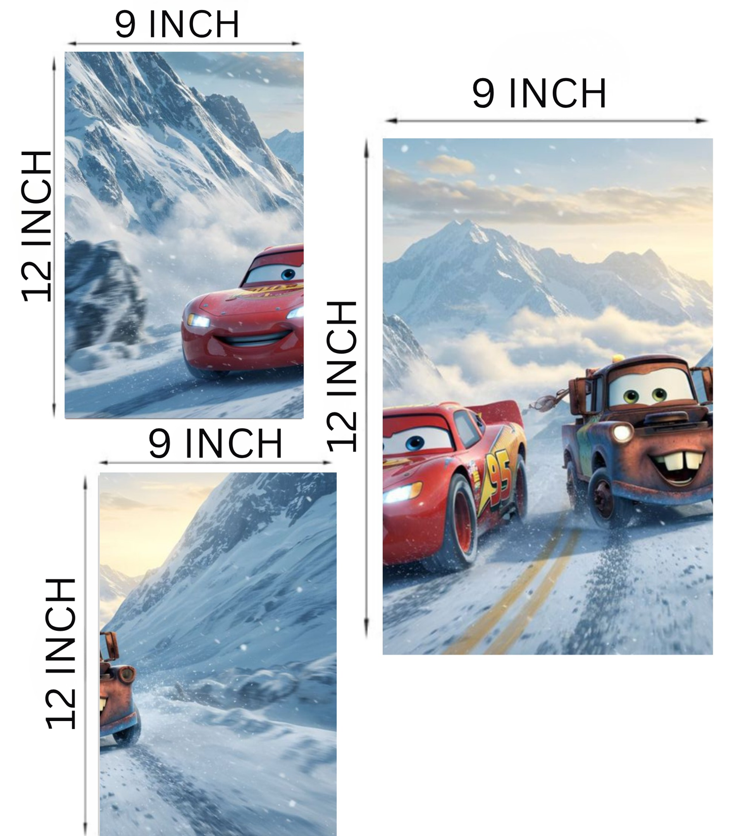 🏎️ Cars "McQueen & Mater" Winter Race 3-Panel Split Poster Set A4
