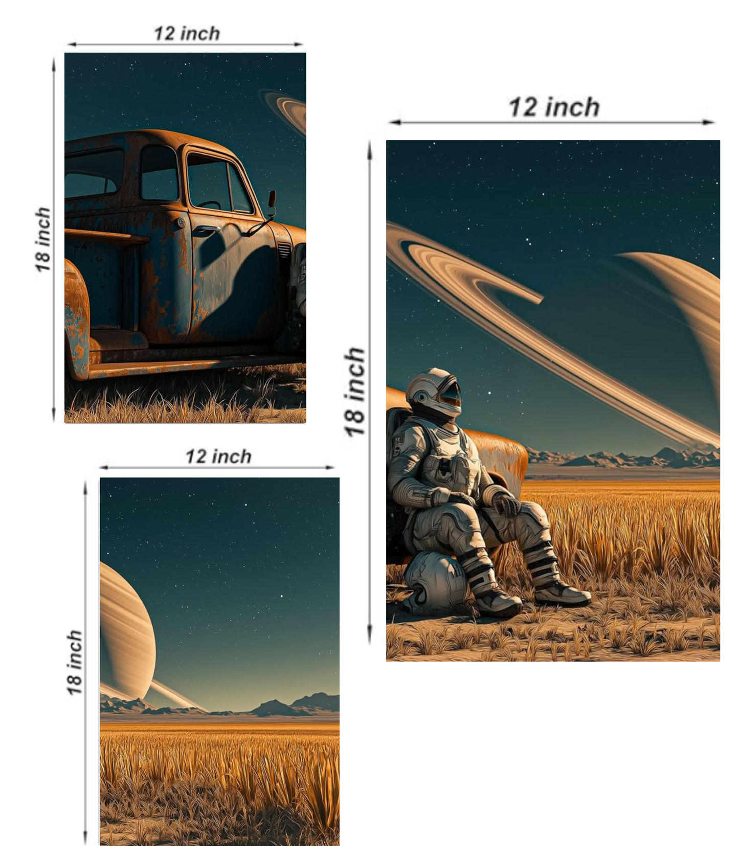 🌌 Surreal Sci-Fi Astronaut & Saturn 3-Panel Split Poster Set