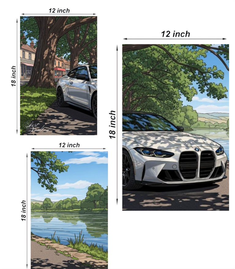 🏎️ BMW M4 "Lakeside Drive" Animated 3-Panel Split Poster Set