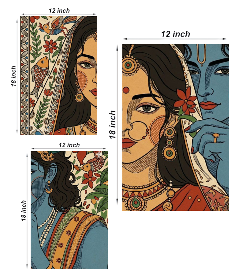 ✨ Divine Radha Krishna "Folk Art" 3-Panel Split Poster Set
