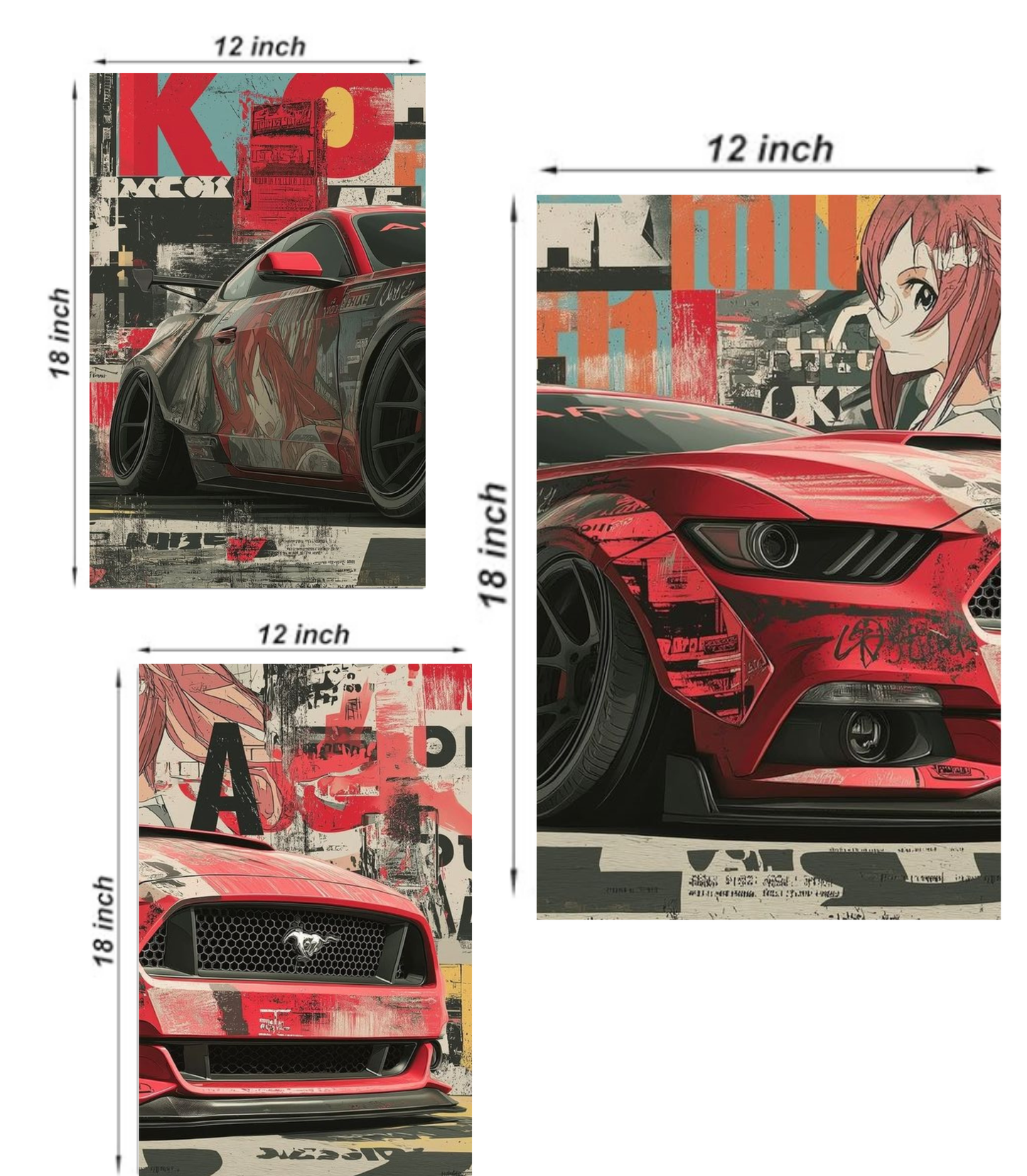 🏎️ Street Drift Mustang "Anime Itasha" 3-Panel Split Poster Set