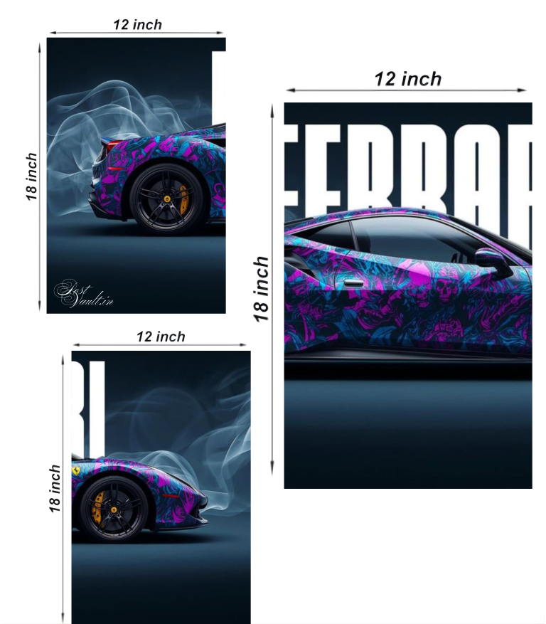 🏎️ Custom Neon Wrap Ferrari "Smoke & Speed" 3-Panel Split Poster Set