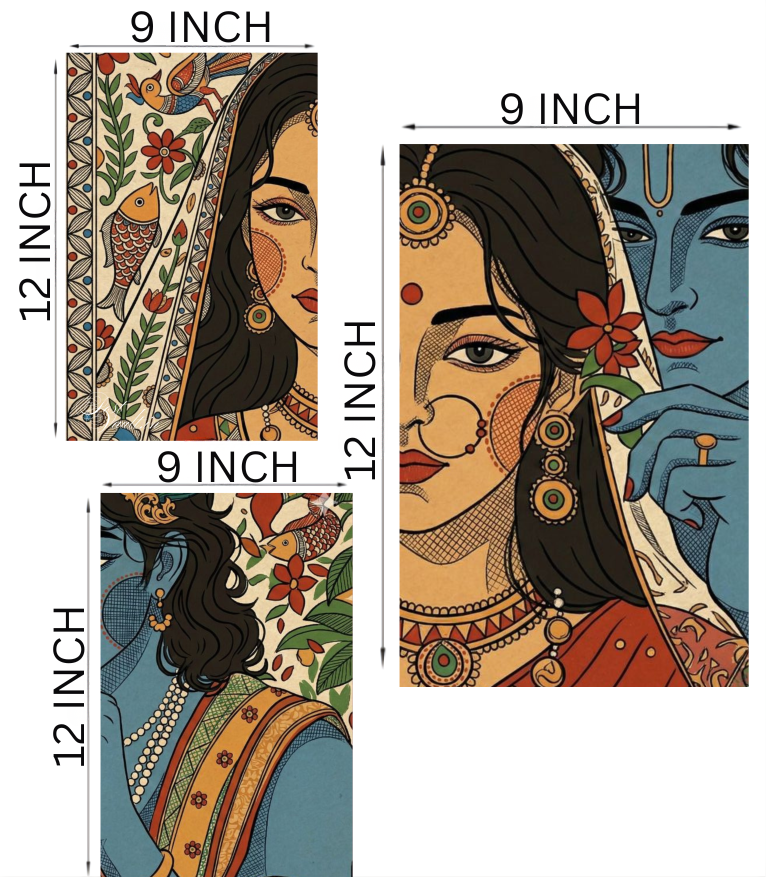 ✨ Divine Radha Krishna "Folk Art" 3-Panel Split Poster Set