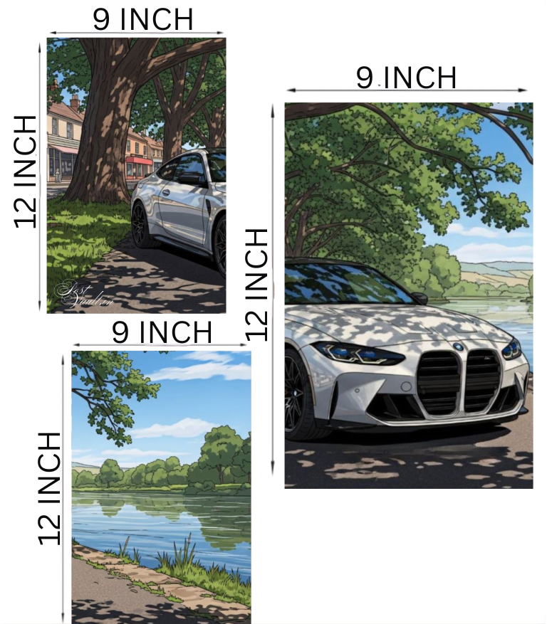 🏎️ BMW M4 "Lakeside Drive" Animated 3-Panel Split Poster Set