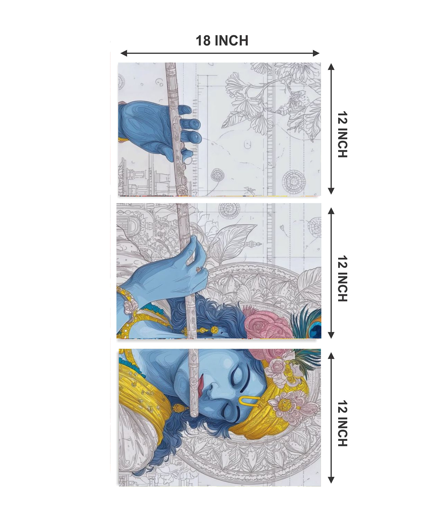 🪈 Divine Krishna Flute Modern Sketch Art 3-Panel Split Poster Set