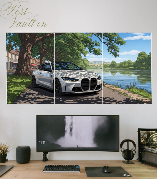 🏎️ BMW M4 "Lakeside Drive" Animated 3-Panel Split Poster Set