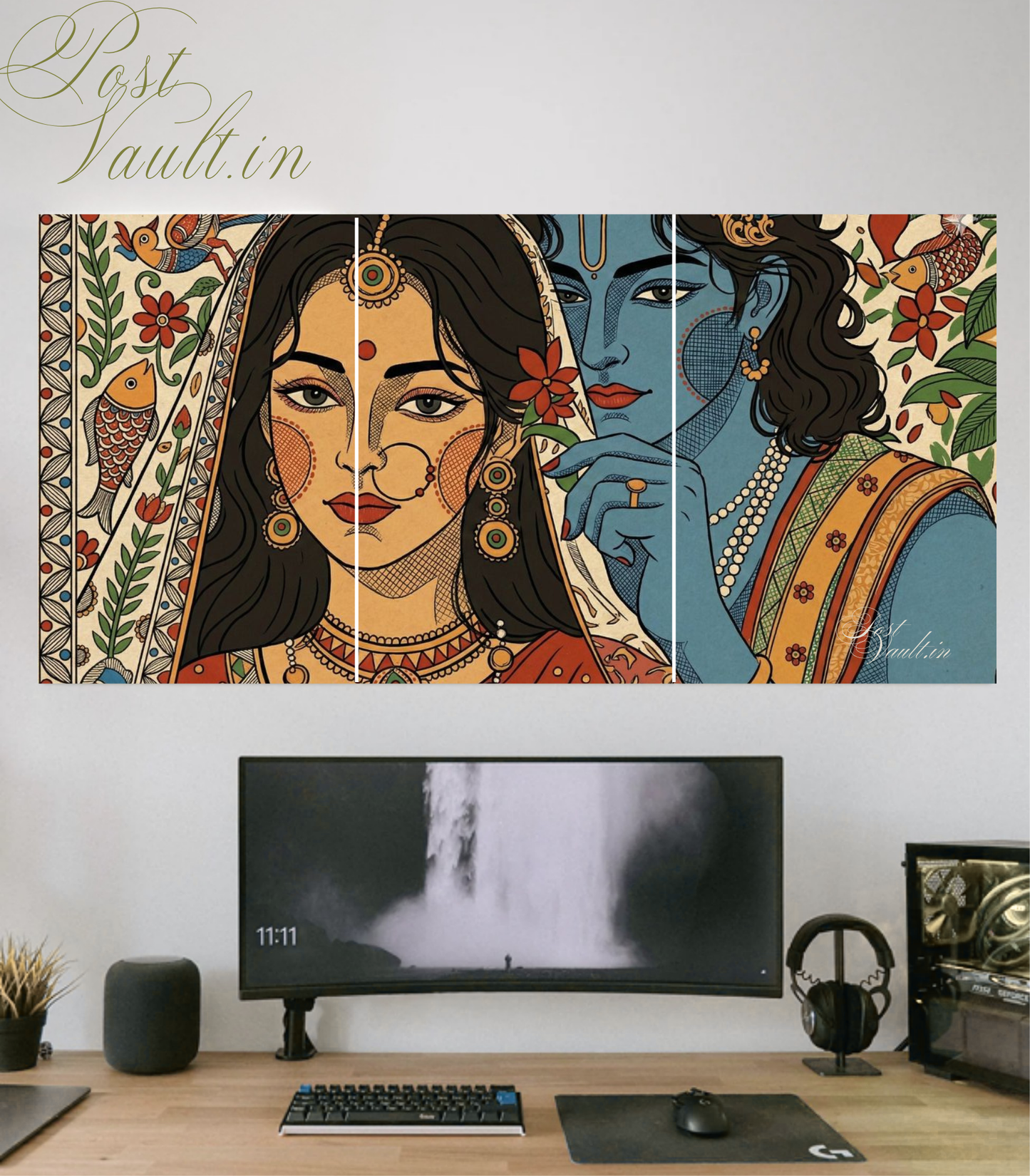✨ Divine Radha Krishna "Folk Art" 3-Panel Split Poster Set