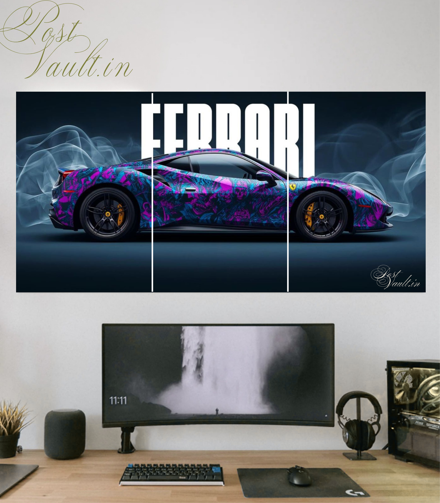 🏎️ Custom Neon Wrap Ferrari "Smoke & Speed" 3-Panel Split Poster Set