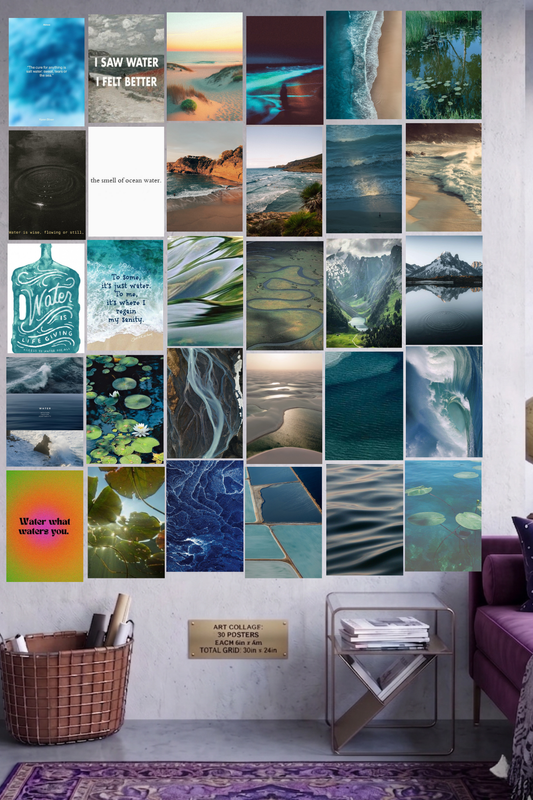 Serene H2O A4 Edition: 30-Piece Coastal & Liquid Aesthetic Wall Collage Kit (8.3x11.7" Premium Glossy Prints)